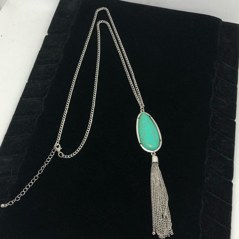 Turquoise Necklace Silver Chain Teardrop Turquoise Pendant Silver Tassel…